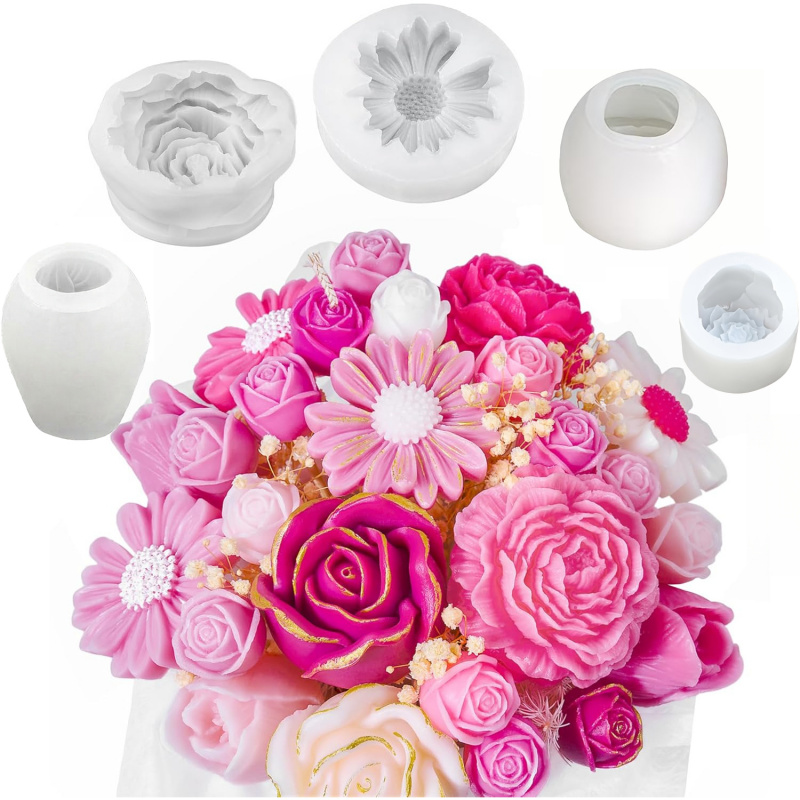 Candle Making Kit Diy - 5Flower Candle Mold Set，3D Floral silicone